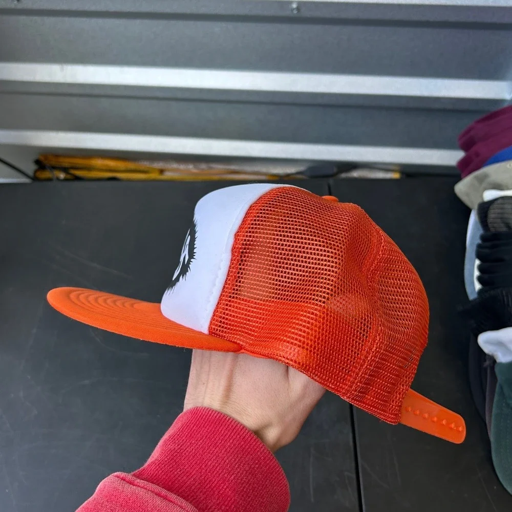 Vintage 1980's Orange White Trucker Hat Mesh Snapback Adjustable Retro‎ Style